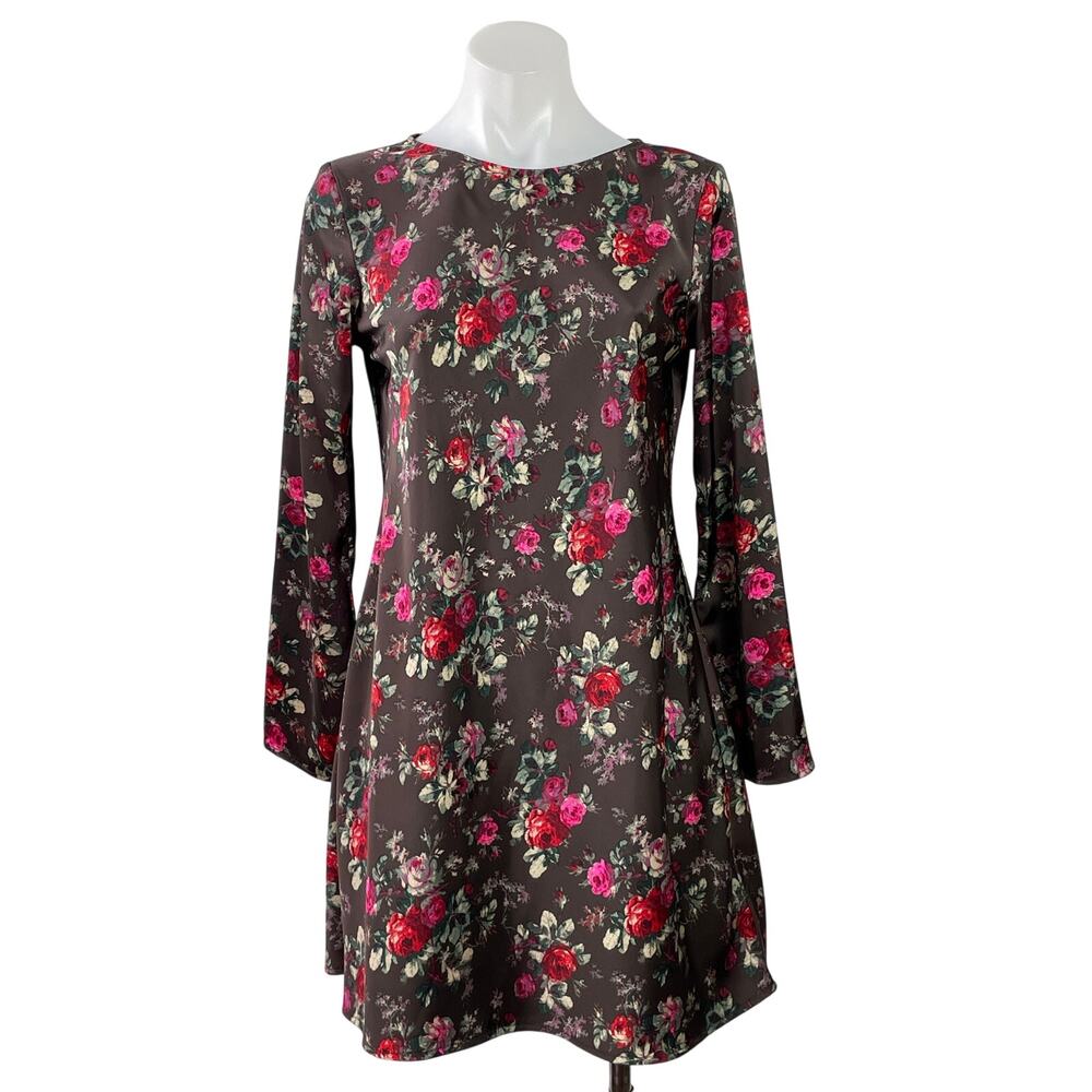 Gap Women's Brown Floral Long Sleeve Crew Neck Peasant A Line Mini Dress Size S